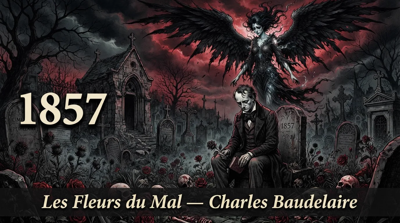 Poete mélancolique et ange déchu dans un cimetière parisien, illustration des Fleurs du Mal de Baudelaire
