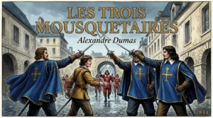D'Artagnan et les trois mousquetaires en duel dans une cour parisienne du XVIIe siècle, illustration Le Déca Littéraire