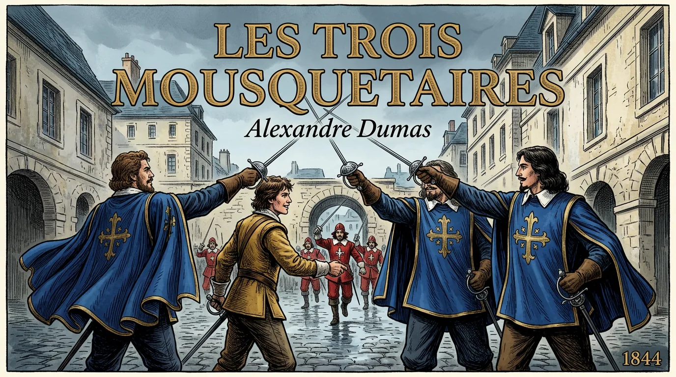 D'Artagnan et les trois mousquetaires en duel dans une cour parisienne du XVIIe siècle, illustration Le Déca Littéraire