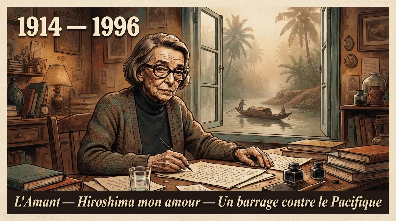 Portrait illustré de Marguerite Duras à sa table d'écriture, fenêtre ouverte sur le delta du Mékong