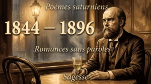 Paul Verlaine, poète symboliste français, attablé dans un café parisien pluvieux du XIXe siècle
