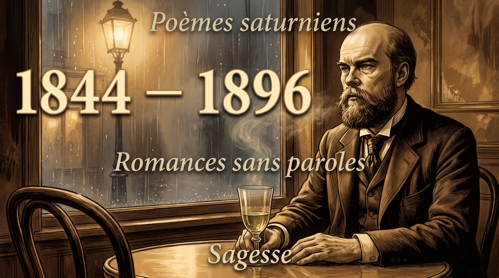 Paul Verlaine, poète symboliste français, attablé dans un café parisien pluvieux du XIXe siècle