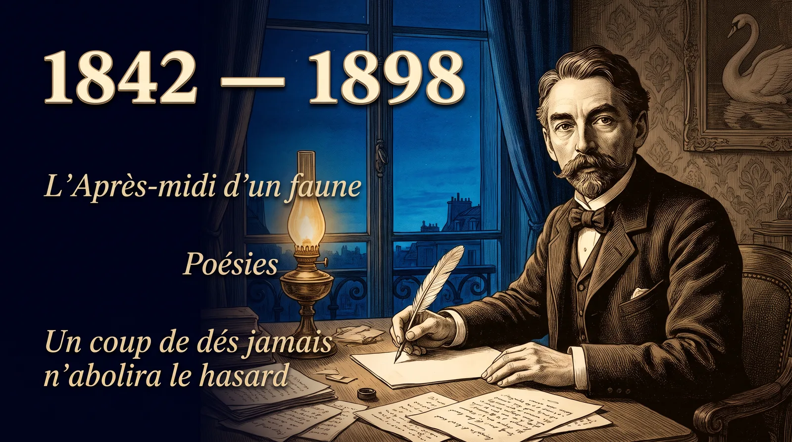 Portrait illustré de Stéphane Mallarmé à son bureau la nuit, dates 1842-1898, œuvres phares en surimpression