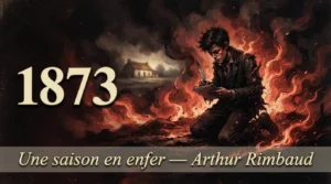 Arthur Rimbaud écrivant au milieu des flammes intérieures, illustration d'Une saison en enfer