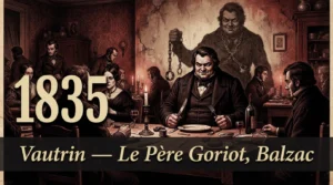 Vautrin à la pension Vauquer, ombre de forçat enchâîné en arrière-plan, illustration du Père Goriot de Balzac