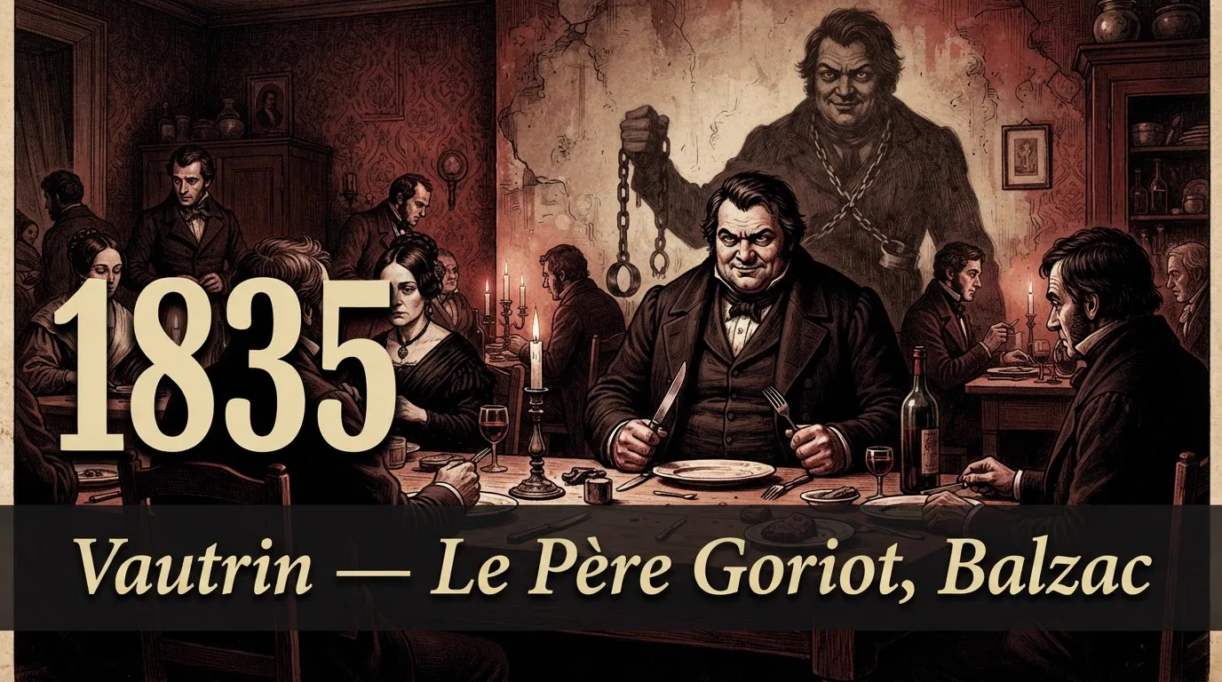 Vautrin à la pension Vauquer, ombre de forçat enchâîné en arrière-plan, illustration du Père Goriot de Balzac