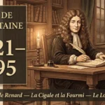 Jean de La Fontaine à sa table de travail, avec un corbeau et un renard, dates 1621-1695 et titres de ses fables
