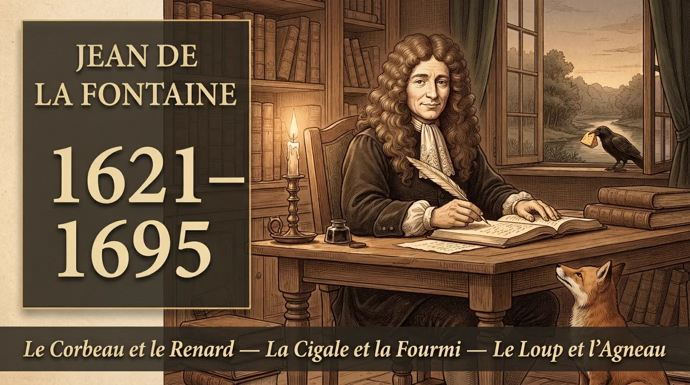 Jean de La Fontaine à sa table de travail, avec un corbeau et un renard, dates 1621-1695 et titres de ses fables