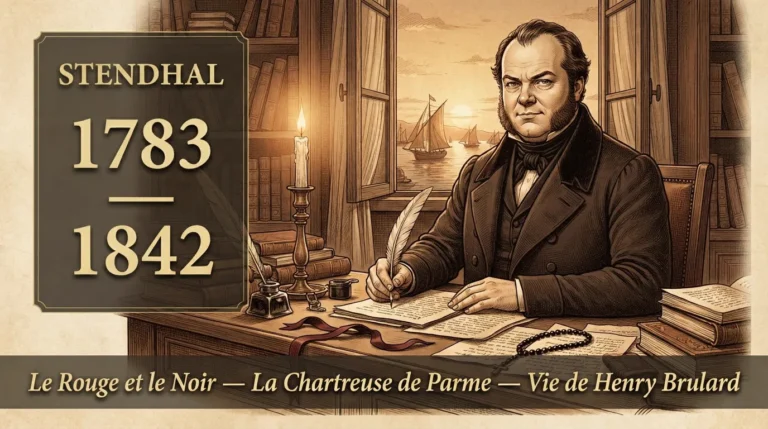 Portrait de Stendhal à sa table de consul à Civitavecchia, dates 1783-1842 et titres du Rouge et le Noir et de La Chartreuse de Parme