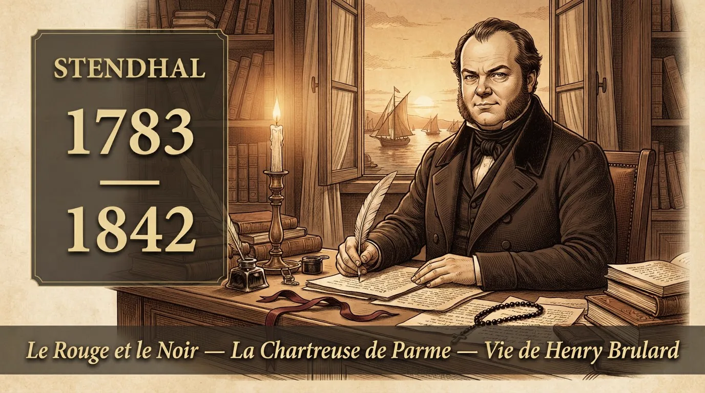 Portrait de Stendhal à sa table de consul à Civitavecchia, dates 1783-1842 et titres du Rouge et le Noir et de La Chartreuse de Parme