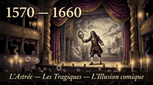 Gravure d’une scène de théâtre baroque : un acteur masqué tend un miroir reflétant un crâne devant un décor changeant