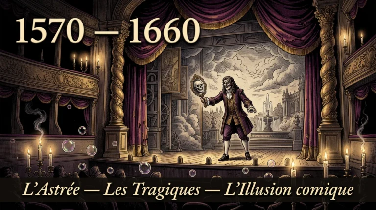 Gravure d’une scène de théâtre baroque : un acteur masqué tend un miroir reflétant un crâne devant un décor changeant
