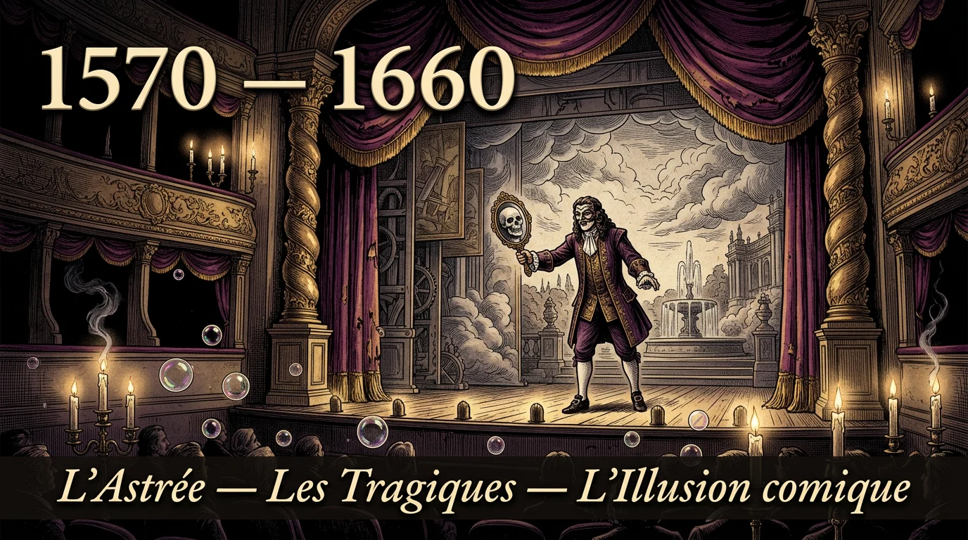 Gravure d’une scène de théâtre baroque : un acteur masqué tend un miroir reflétant un crâne devant un décor changeant
