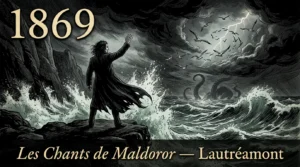 Gravure d’un homme en manteau noir saluant l’océan déchaîné depuis une falaise, sous un ciel d’orage traversé d’oiseaux