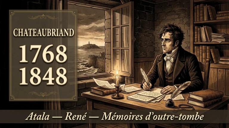 Chateaubriand écrivant à la bougie, fenêtre ouverte sur Saint-Malo et la mer, gravure sépia et ambre