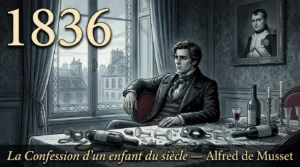 Gravure d’un jeune dandy romantique accoudé à une table de bal à l’aube, parmi masques abandonnés et verres renversés