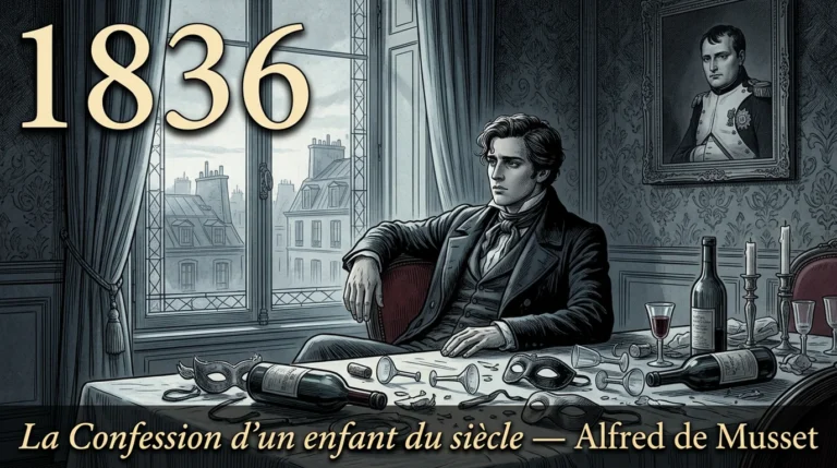 Gravure d’un jeune dandy romantique accoudé à une table de bal à l’aube, parmi masques abandonnés et verres renversés