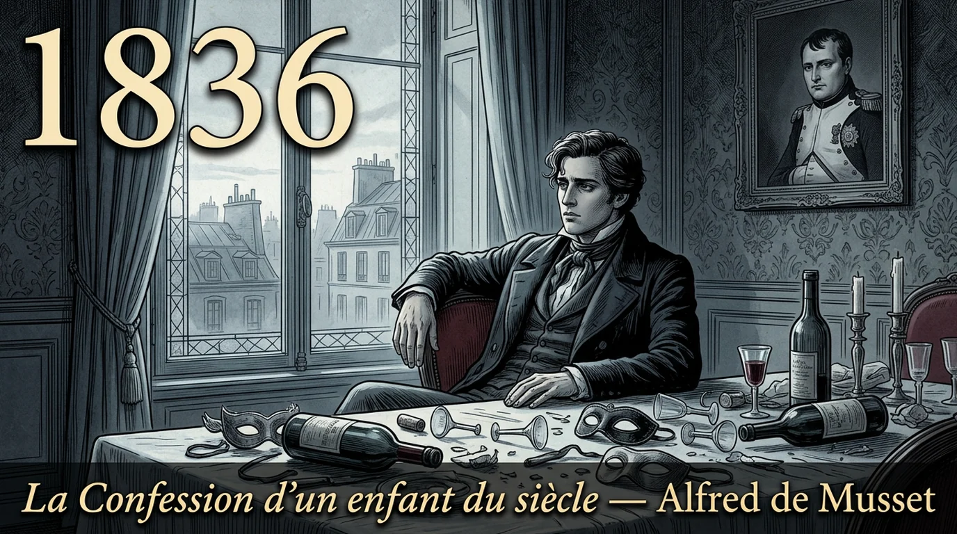Gravure d’un jeune dandy romantique accoudé à une table de bal à l’aube, parmi masques abandonnés et verres renversés