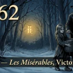 Gravure de la petite Cosette en haillons portant un seau trop lourd dans la forêt la nuit, aidée par une main d’homme