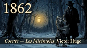 Gravure de la petite Cosette en haillons portant un seau trop lourd dans la forêt la nuit, aidée par une main d’homme