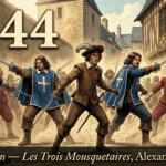 Gravure du jeune d’Artagnan épée tirée aux côtés d’Athos, Porthos et Aramis face aux gardes du cardinal à Paris