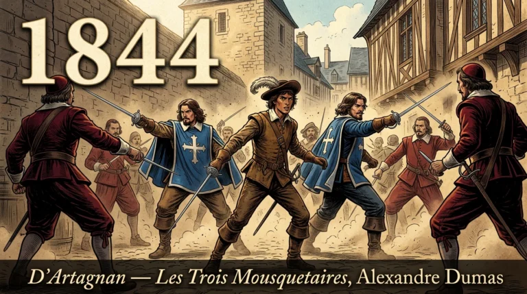 Gravure du jeune d’Artagnan épée tirée aux côtés d’Athos, Porthos et Aramis face aux gardes du cardinal à Paris