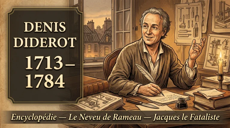 Denis Diderot écrivant à la bougie en robe de chambre, entouré des volumes et des planches de l’Encyclopédie