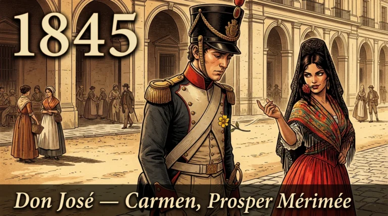 Gravure de Don José en uniforme de cavalier, troublé par Carmen qui lui lance une fleur devant la manufacture de Séville