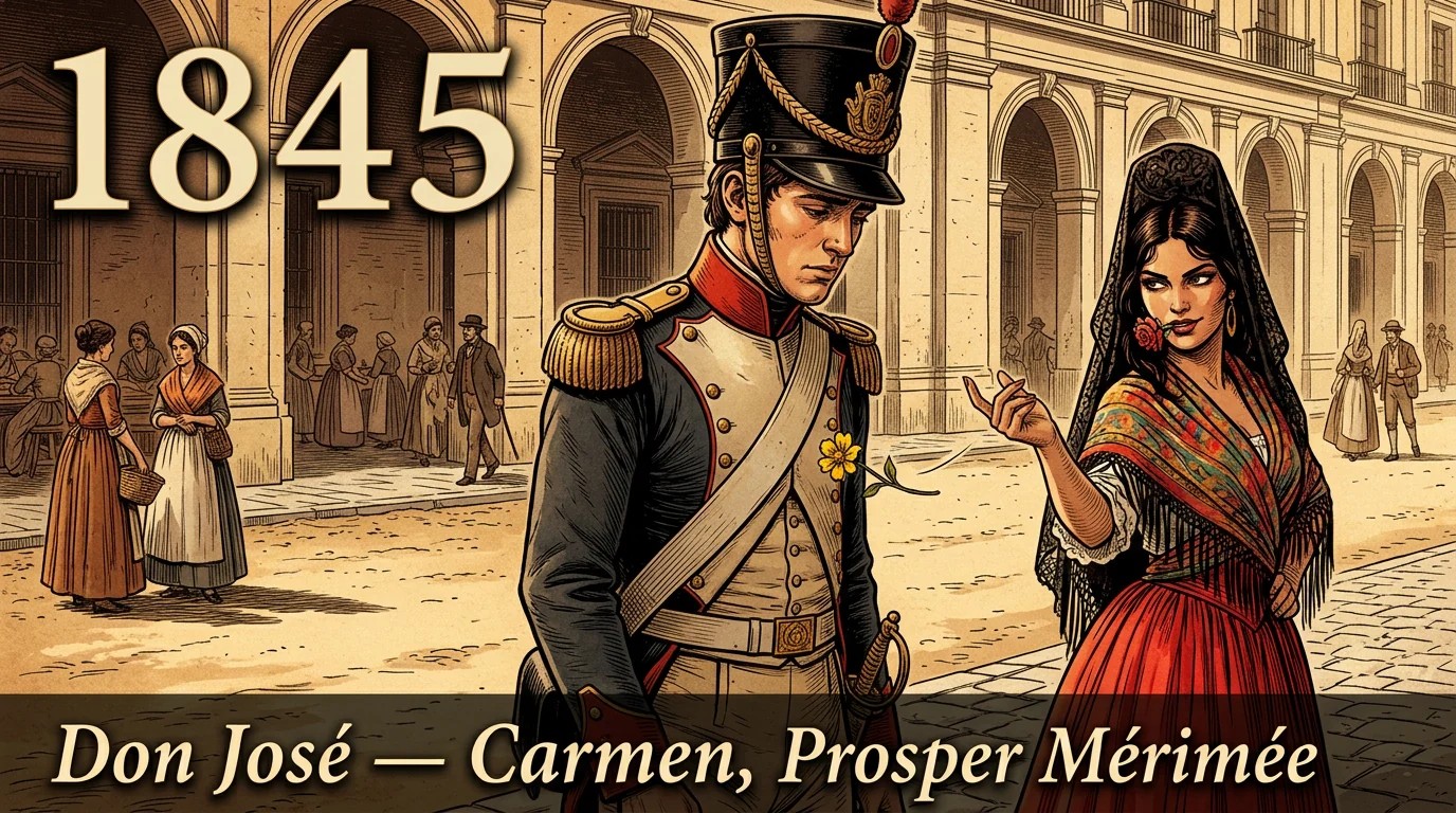 Gravure de Don José en uniforme de cavalier, troublé par Carmen qui lui lance une fleur devant la manufacture de Séville