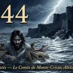 Gravure d’Edmond Dantès émergeant des flots déchaînés au pied du château d’If, couteau à la main, une nuit d’orage
