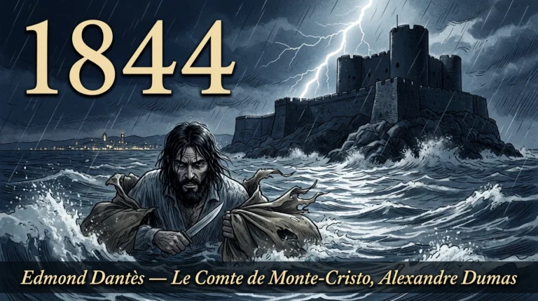 Gravure d’Edmond Dantès émergeant des flots déchaînés au pied du château d’If, couteau à la main, une nuit d’orage