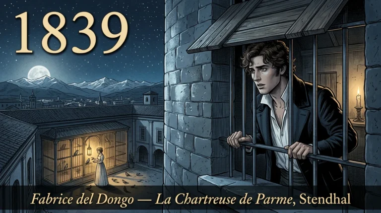 Fabrice del Dongo à la fenêtre de la tour Farnèse regardant Clélia Conti dans sa volière, illustration gravure
