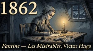 Gravure de Fantine amaigrie écrivant une lettre à la chandelle dans une mansarde glacée, la neige tombant par la lucarne