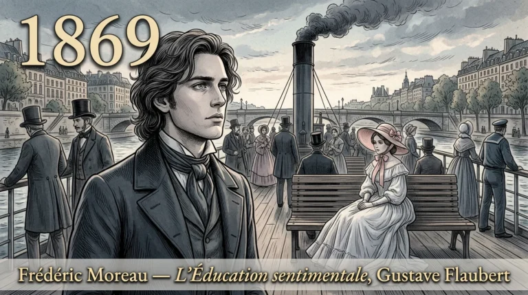 Gravure du jeune Frédéric Moreau sur un bateau de la Seine, fasciné par Madame Arnoux assise en chapeau de paille