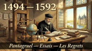 Gravure d’un humaniste de la Renaissance lisant un manuscrit grec près d’une presse d’imprimerie, un château au loin