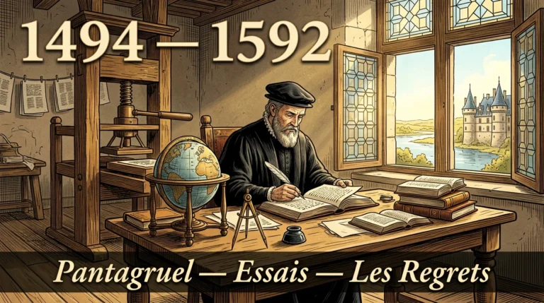 Gravure d’un humaniste de la Renaissance lisant un manuscrit grec près d’une presse d’imprimerie, un château au loin