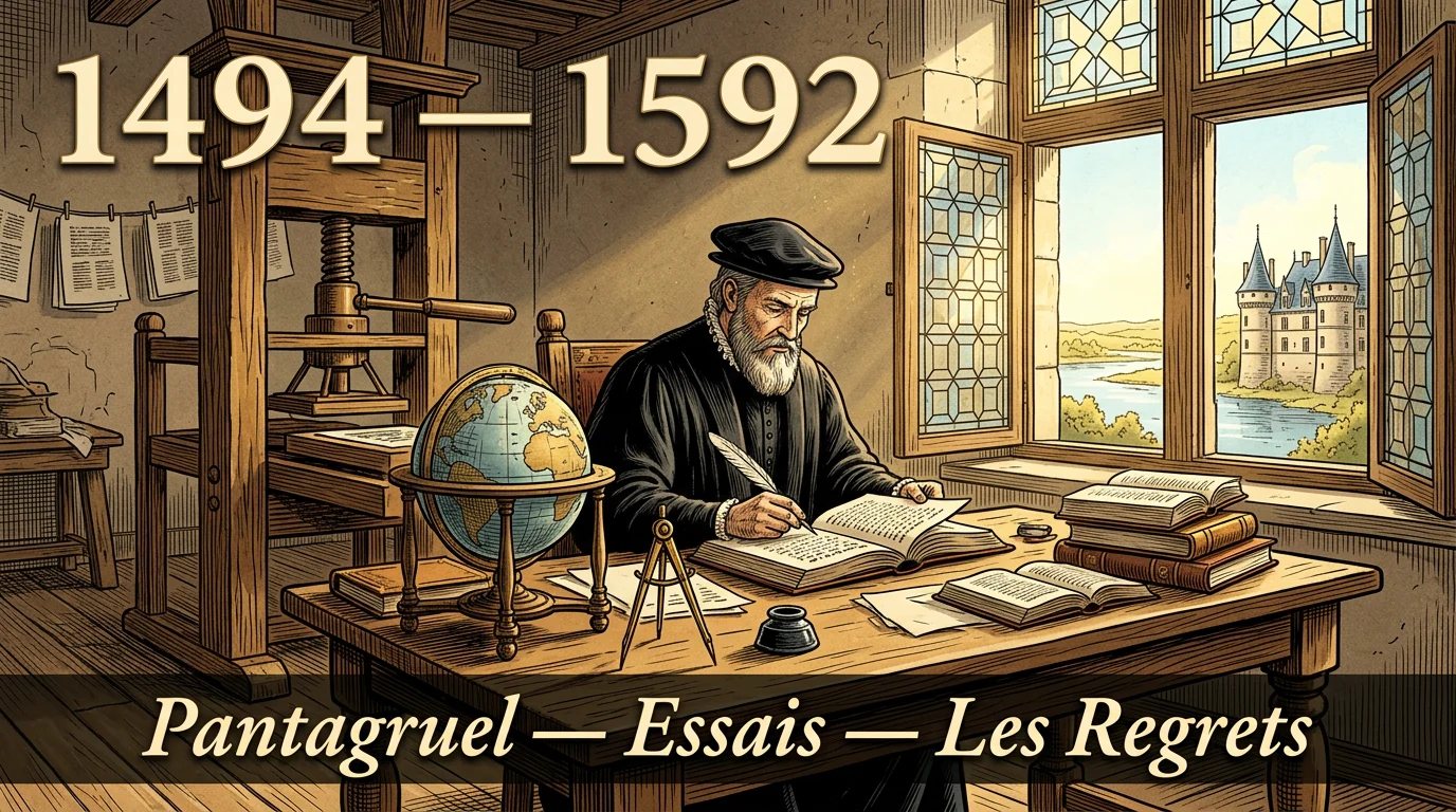 Gravure d’un humaniste de la Renaissance lisant un manuscrit grec près d’une presse d’imprimerie, un château au loin