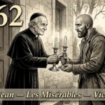 Gravure de Jean Valjean recevant les chandeliers d’argent des mains de l’évêque Myriel devant deux gendarmes stupéfaits