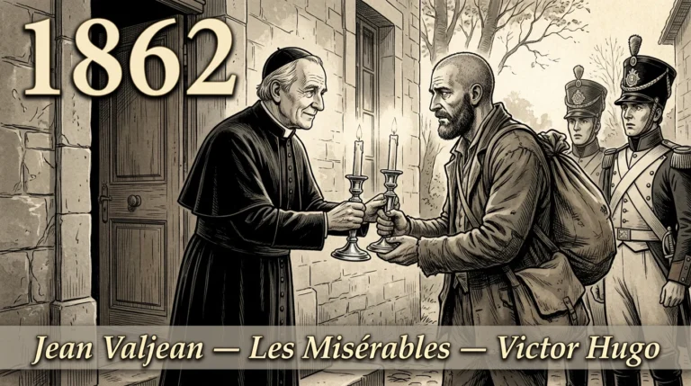 Gravure de Jean Valjean recevant les chandeliers d’argent des mains de l’évêque Myriel devant deux gendarmes stupéfaits
