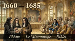 Gravure d’une représentation théâtrale devant Louis XIV dans un salon de Versailles, comédiens en costumes à l’antique