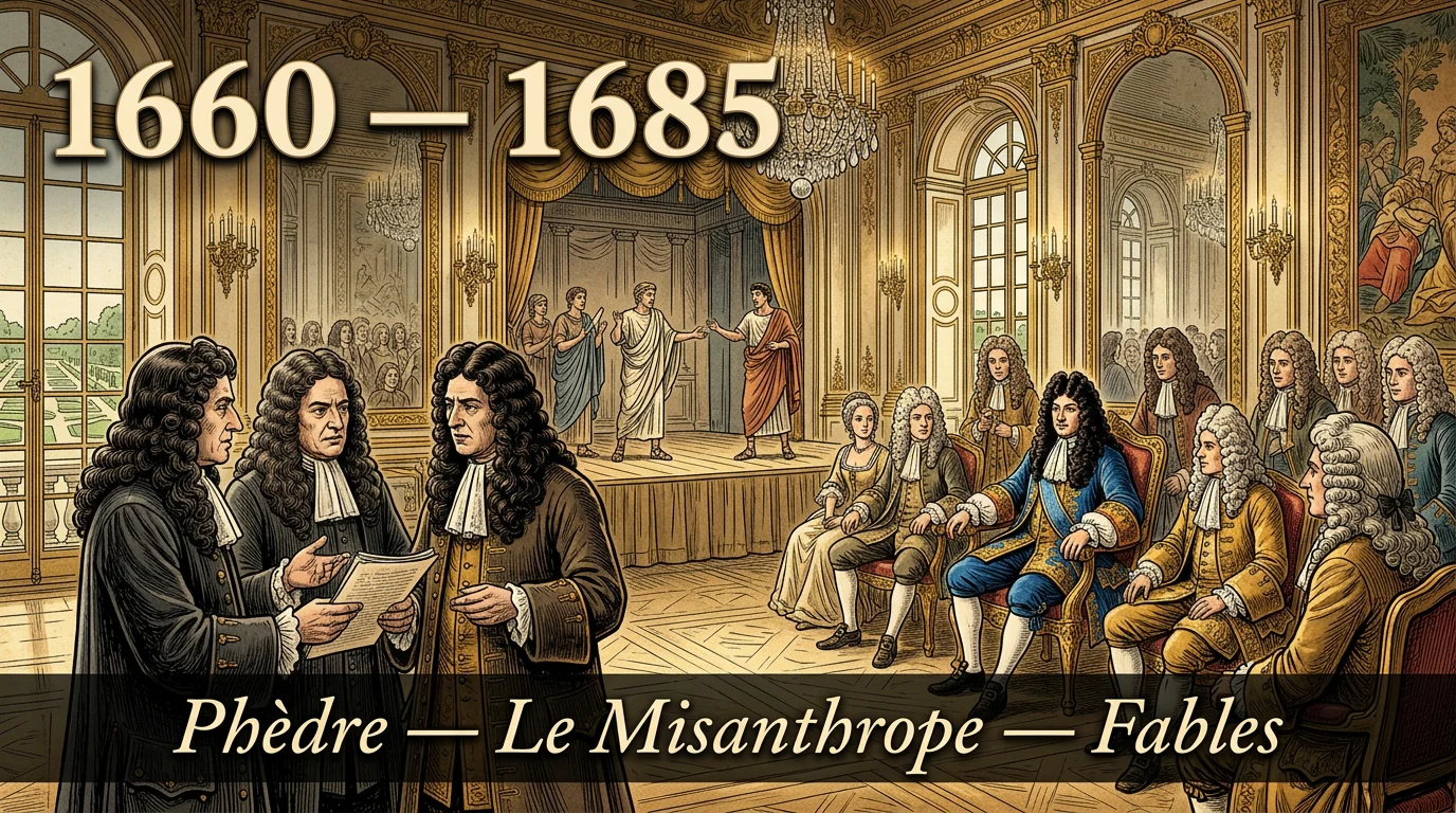 Gravure d’une représentation théâtrale devant Louis XIV dans un salon de Versailles, comédiens en costumes à l’antique