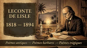 Leconte de Lisle écrivant à la bougie, devant une fenêtre ouverte sur la baie de Saint-Paul, à La Réunion
