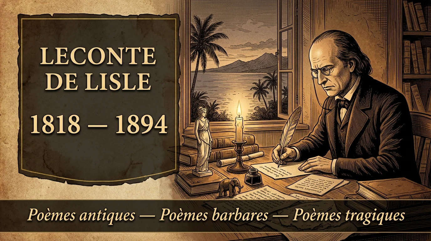 Leconte de Lisle écrivant à la bougie, devant une fenêtre ouverte sur la baie de Saint-Paul, à La Réunion