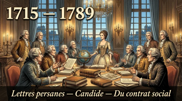 Gravure d’un salon parisien du XVIIIe siècle où des philosophes débattent autour des volumes de l’Encyclopédie