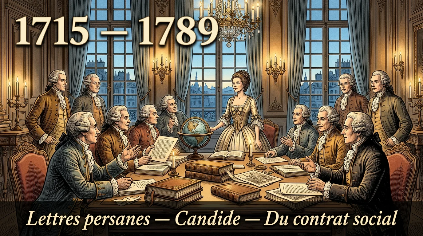 Gravure d’un salon parisien du XVIIIe siècle où des philosophes débattent autour des volumes de l’Encyclopédie