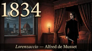 Gravure de Lorenzo de Médicis vêtu de noir, une dague à la main, dans une chambre florentine éclairée d’une chandelle