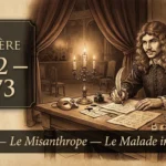 Molière à sa table dans sa loge du théâtre du Palais-Royal, illustration sépia
