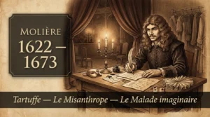 Molière à sa table dans sa loge du théâtre du Palais-Royal, illustration sépia