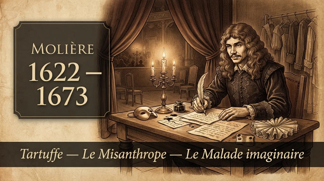 Molière à sa table dans sa loge du théâtre du Palais-Royal, illustration sépia