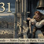 Gravure de Quasimodo portant Esmeralda évanouie sur une galerie de Notre-Dame, entre les gargouilles